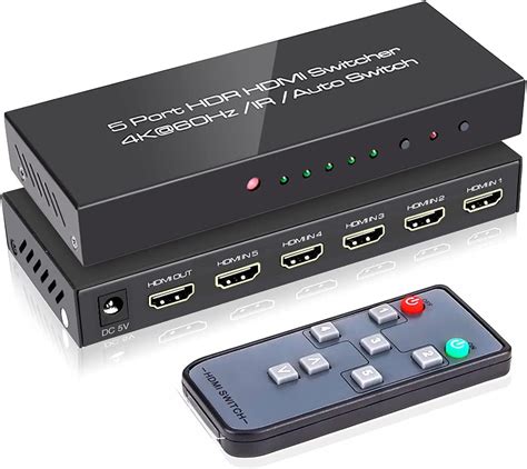 (Newest Version) ROOFULL 5 Port 4K HDMI Switch with Remote Premium 5 in 1 Out UHD 4K@60Hz HDMI 2.0 Switch Box Selector, Support Dolby Vision/ Atmos, HDCP 2.2, HDR 10, Auto-Switch, 18Gbps, CEC, 1080P