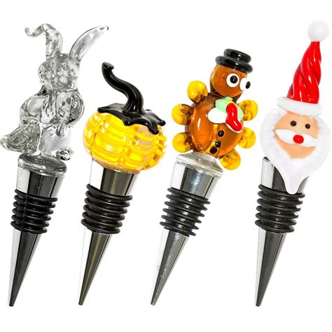 Glass Holiday Wine Bottle Stoppers - Holiday Pack - Christmas, Thanksgiving, Halloween, Easter - Decorative, Handmade, Eye-Catching Wine Stoppers - Wine Gift for Host/Hostess - Wine Corker/Sealer