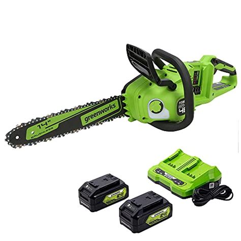 Greenworks 48V 14-inch Brushless Cordless Chainsaw, (2) 4.0Ah USB Batteries (USB Hub) and Dual Port Rapid Charger Included, CS48L4410