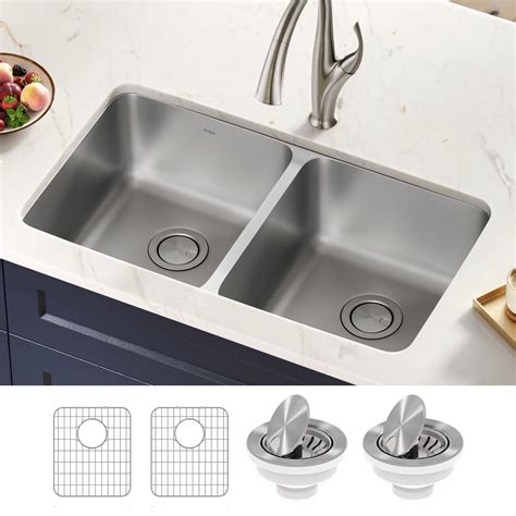 KRAUS Dex 33-Inch Undermount 50/50 Double Bowl TRU16 Gauge Stainless Steel Kitchen Sink with DrainAssure WaterWay and VersiDrain Assembly in Radiant Pearl Finish, KD1UD33B