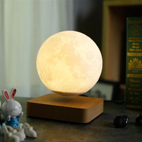 Levitating Moon Lamp, Floating Spinning in Air Freely with 3D Printing LED Moon Night Light, 3 Colors Modes Changeable Touch Control with Wooden Stand for New Year Present(3.94 inch of diameter)