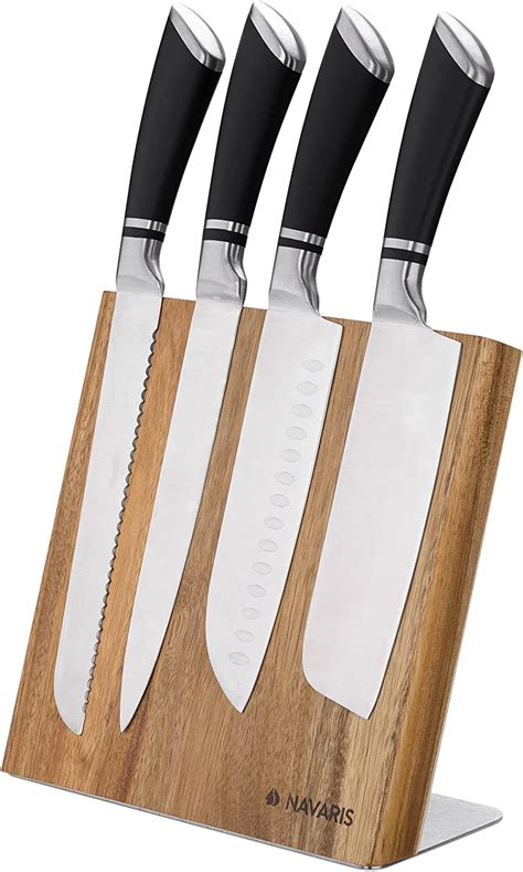 Navaris Wooden Magnetic Knife Holder - Universal Wood Magnetic Block & Organizer for Knives, Scissors, Kitchen Cutlery - Acacia, 10.9" x 10.8"