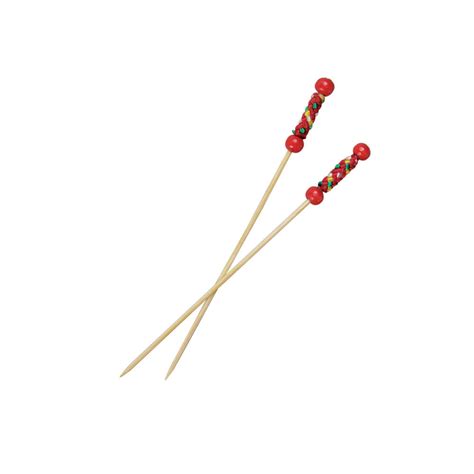 Super Brands “FUJI’’ Bamboo Pick with Natural Beads and Red Design (Case of 100), PacknWood - Biodegradable Wood Skewer Sticks for Appetizers, Drinks (4.4") PK209BBFUJI